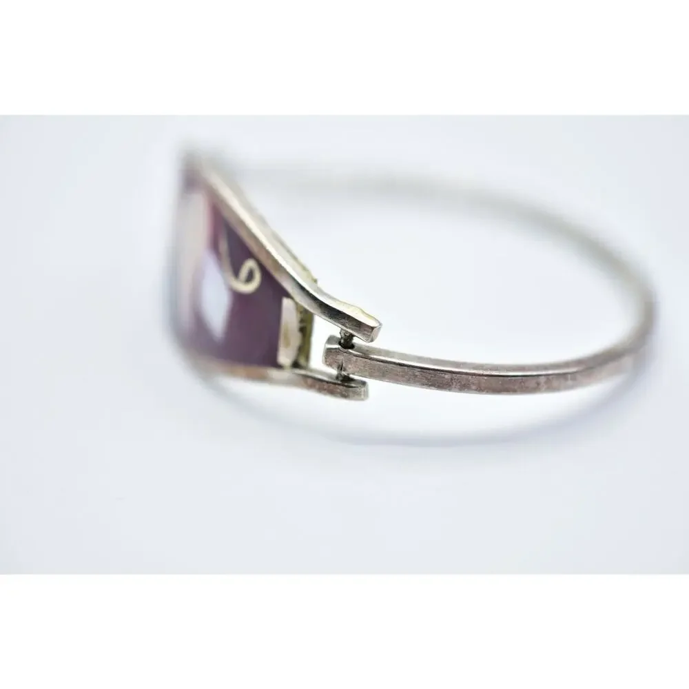 Vintage Bangle Bracelet Mexico Hinged Silver Mother Pearl Inlay Red Enamel Bin2